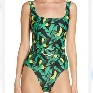 Ganni Women's Green Banana Tree-Print Recycled Belted One-Piece Swimsuit Size 52